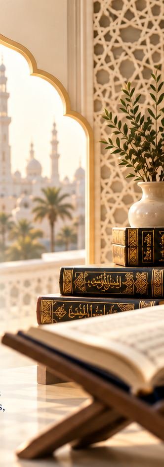 Classical volumes and an open muṣḥaf on a Qur’an stand