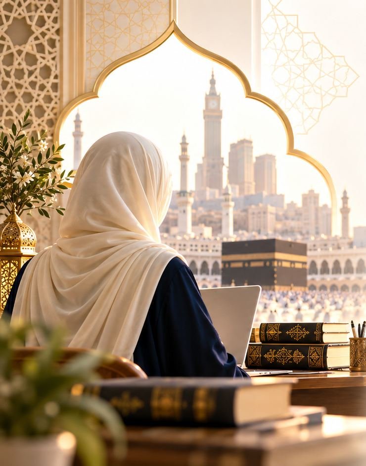 A scholar at her desk overlooking the Haram in Makkah